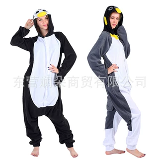 厂家直销卡通动物连体睡衣摇粒绒灰企鹅蓝色企鹅情侣居服睡衣