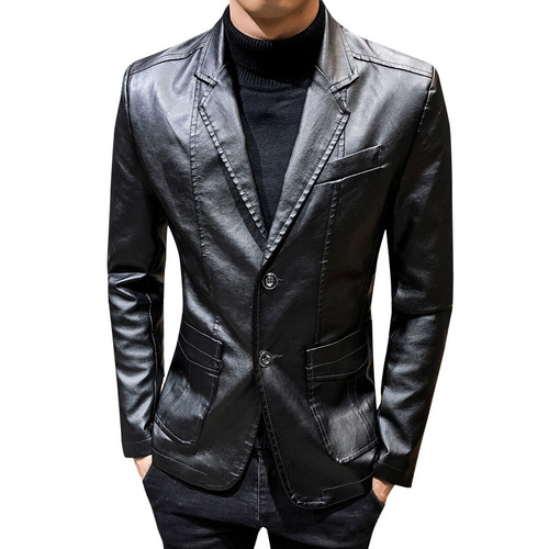 Autumn Men's Leather Jacket Suit Casual Blazer Korean Style Slim Collar Leather Suit Jacket Men Fashion