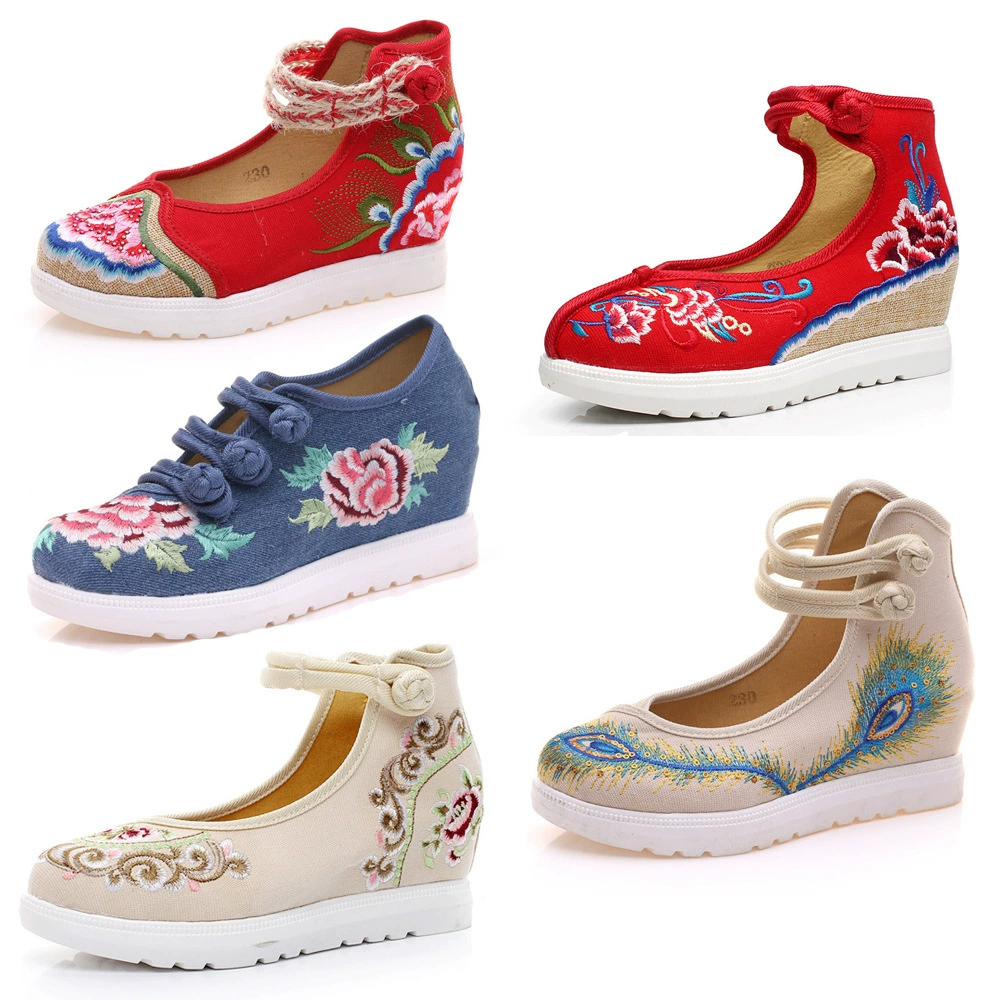 Большая белая подошва, увеличивающая рост, парусиновая Тканевая обувь на танкетке с вышивкой, женская обувь на высоком каблуке, женская обувь, весна и осень