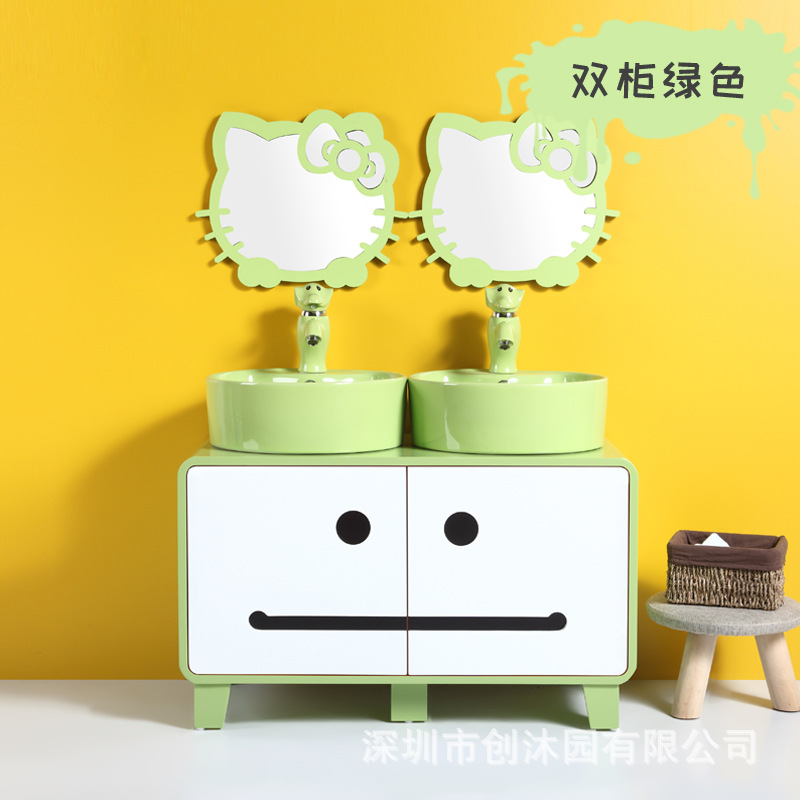 Kindergarten niños lavabo gabinete combinación doble lavabo cerámica dibujos animados lindo color baño lavabo mesa de lavado