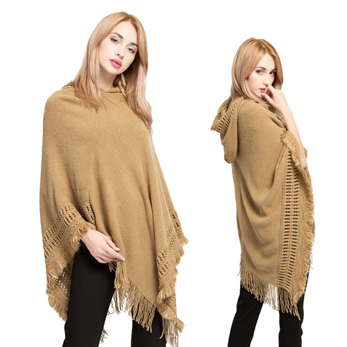 Autumn and winter women's tasseled large size sweater with hat wholesale new imitation cashmere AliExpress best selling cape shawl