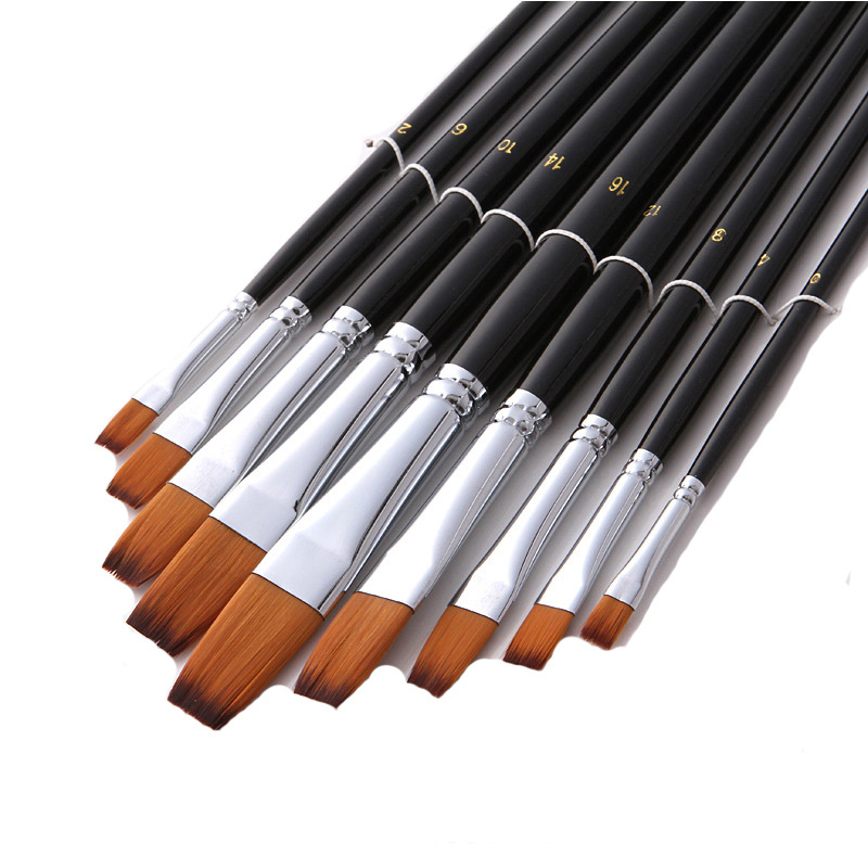 Venta directa de fábrica de 9 pinceles de punta plana de nailon con mangos de madera negros brillantes, pinceles para pintura al óleo, herramientas de pintura duraderas.