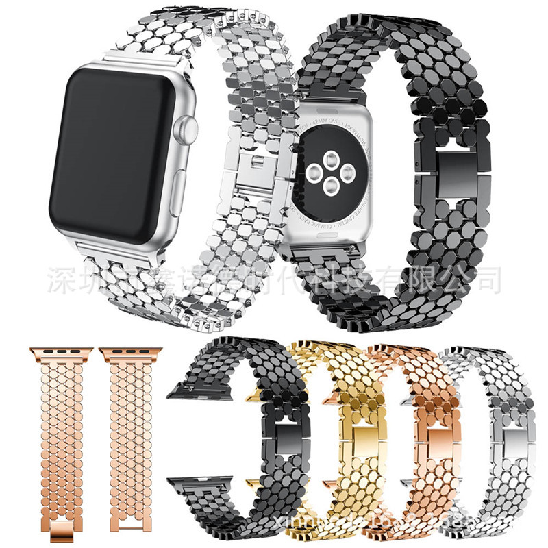 Suitable for Apple 7 Generation Watch Five Bead Strap Fish Scale Strap iWatch Stainless Steel Solid Metal Strap