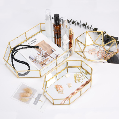 Nordic Instagram-style glass storage tray, golden vintage polygonal mirror-finish tray, brass desktop cosmetic organizer