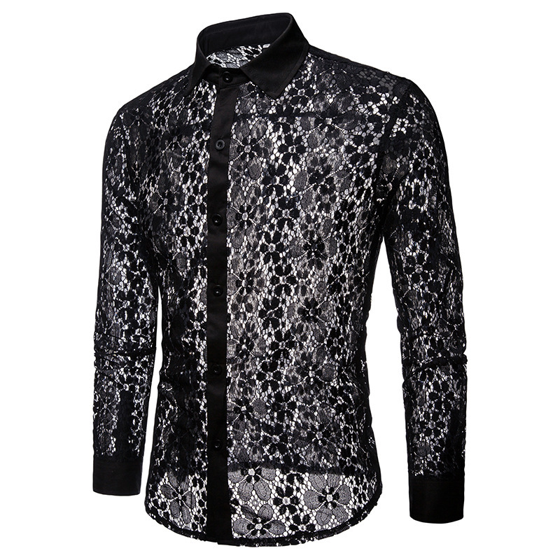 2018 autumn New Full Lace Fashion nightclub stage men's long sleeve lapel shirt men's shirt CS76