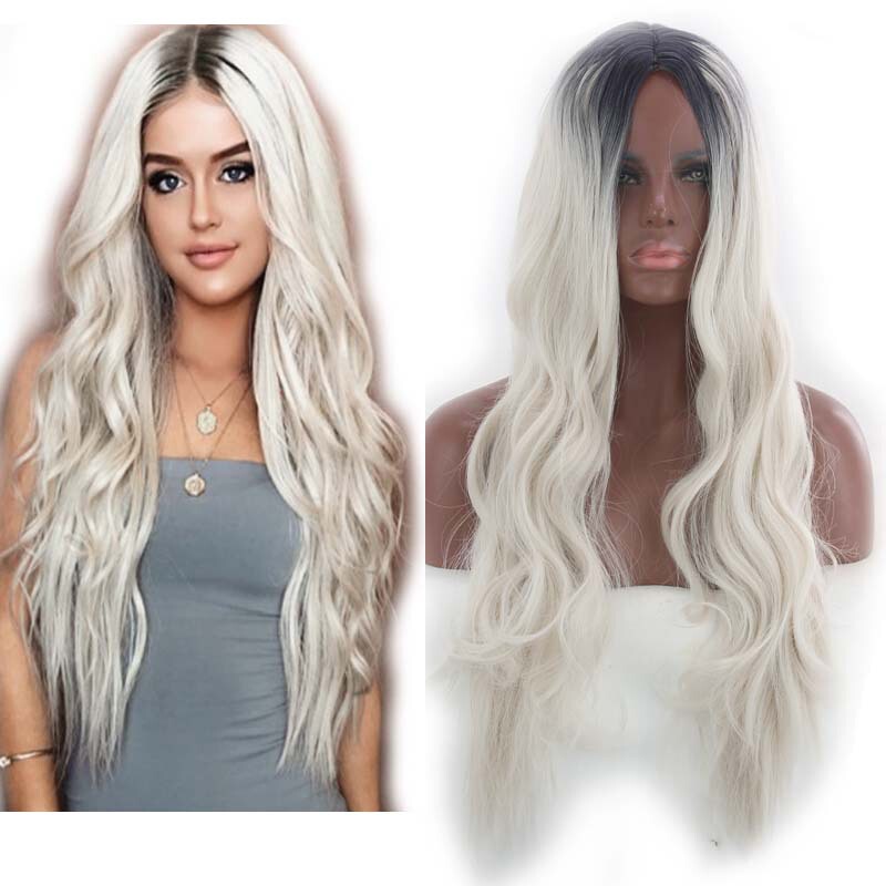 Yiwu factory women's European and American chemical fiber wig headgear Wholesale rose net long curly hair platinum gradient highlight
