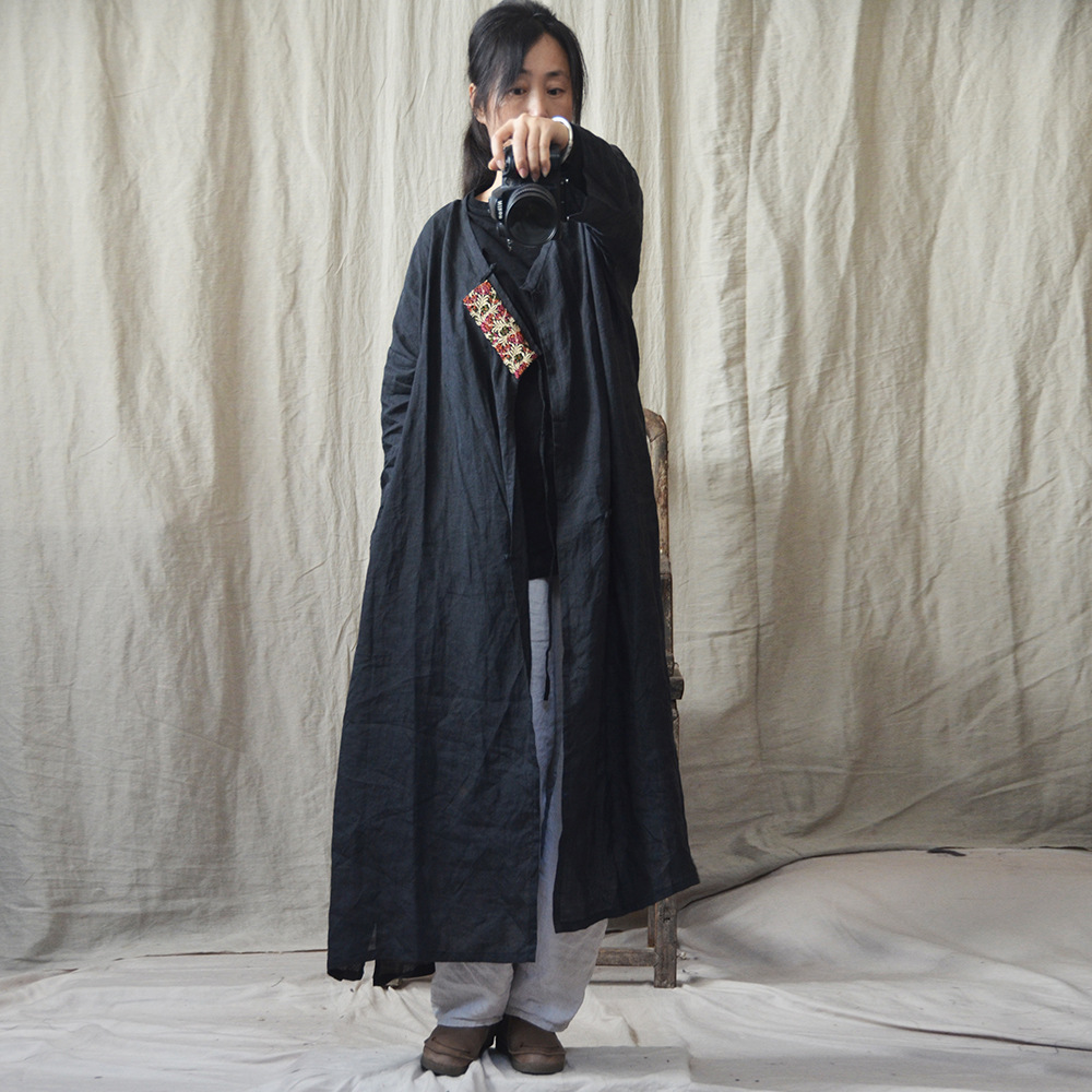 系念/原创棉麻女装春秋季复古开衩披风偏襟盘扣系带外套长袍风衣