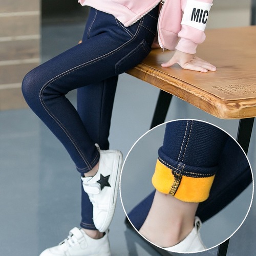 Children's winter clothing thickened middle and large girls imitation jeans trendy Korean version lined children's small mouth children's pants