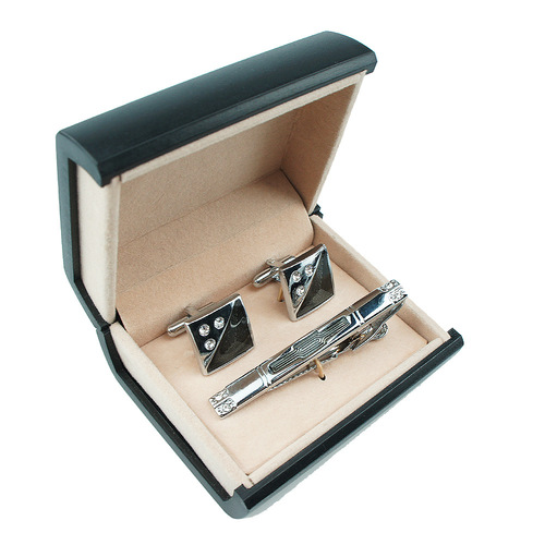 Set of Dali Cufflinks Tie Clip Box, Black Plastic with Felt Interior, Men's Accessory Box, Jewelry Box CTB105