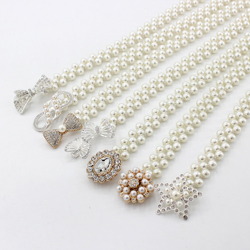 Korean style women's rhinestone pearl waist chain fashion dress decorative elastic waistband for women sweet flower elastic waistband