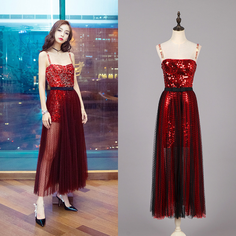 [现货]杨颖同款2024夏季新款性感红色亮片两件套吊带礼服连衣裙女