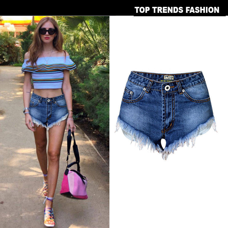 European and American personality high waist washed white Denim cut hair fringe pocket shorts slimming