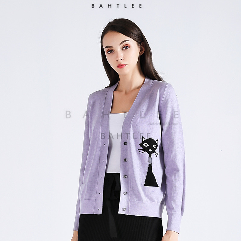 Special Offer! Spring and Summer New Small Cardigan Knitted Thin Outwear Kitten Merino Wool Purple Gray
