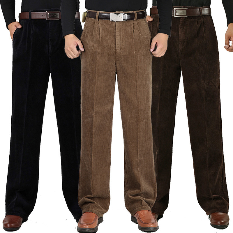 Winter men's thick corduroy casual pants middle-aged and elderly men's corduroy double pleated high waist loose thick corduroy trousers Winter men's thick corduroy casual pants middle-aged and elderly men's corduroy double pleated high waist loose thick corduroy trousers