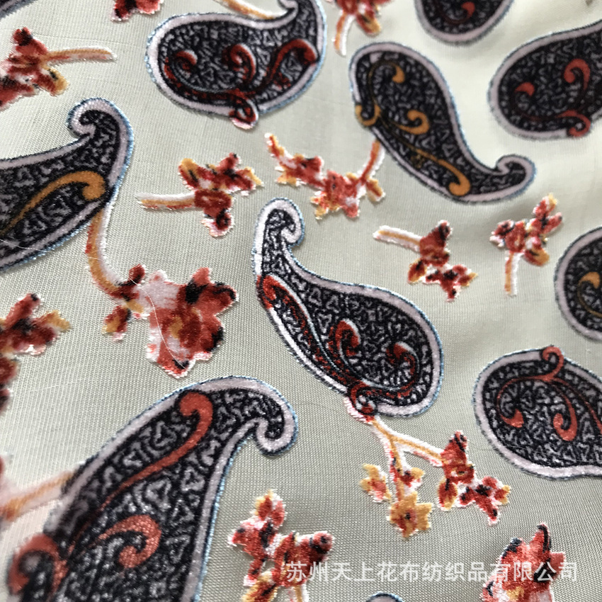 长期供应火腿腰果花图样丝绒印花布乔绒锦绒真丝绒天鹅绒交货及时