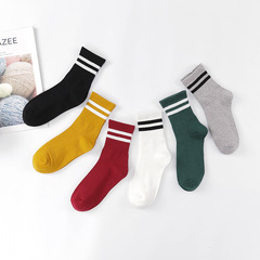 New Autumn/Winter Cotton Women's Medium Calf Socks, Fashion Two-Striped Breathable Sports Women's Socks, Casual Cotton Socks Wholesale