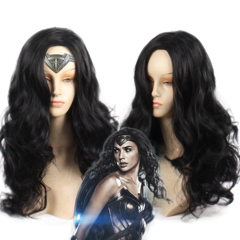 Wonder Woman Wig Diana Prince Cos Black Long Curly Hair Fringe Fringe