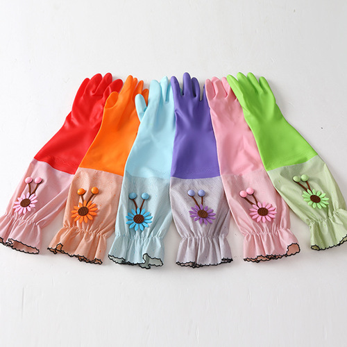 Velvet, thickened and extended dishwashing gloves, laundry, cleaning and durable kitchen housework waterproof plastic gloves
