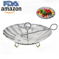 Kitchen tool 9-inch stainless steel foldable steamer filter tray round handle with hook and extensible