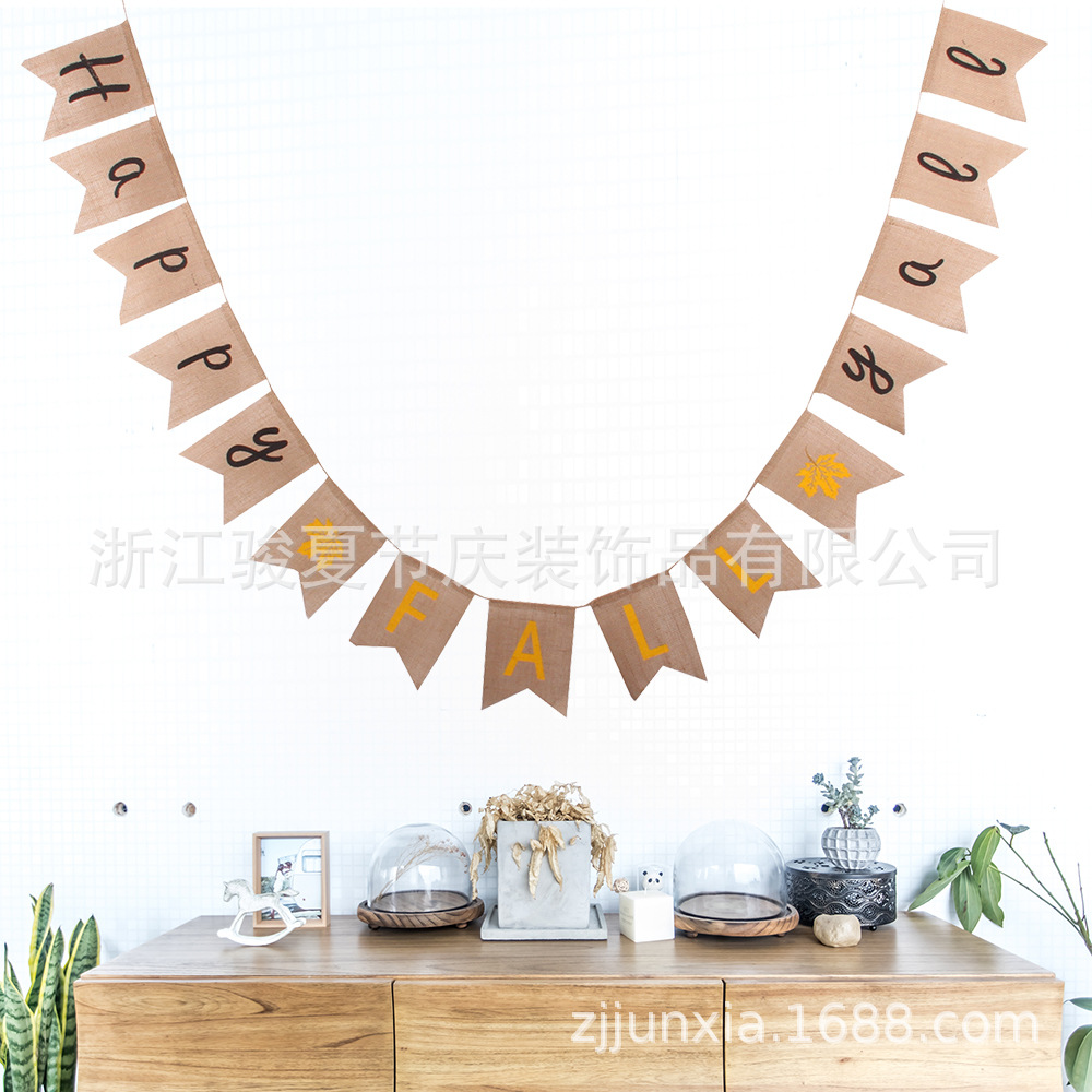 麻布拉旗感恩节欧美装饰旗子 阶梯横幅派对节日配饰彩旗批发|ms