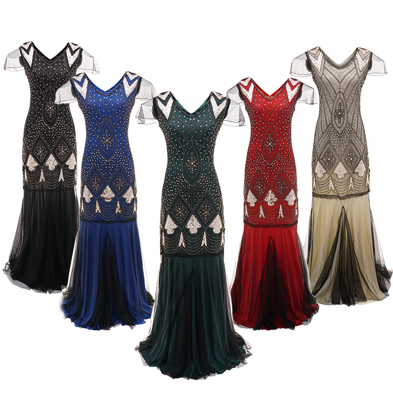 1920s Comercio exterior nuevo bordado hecho a mano con cuentas lentejuelas Amazon vestido europeo y americano banquete vestido pequeño lote