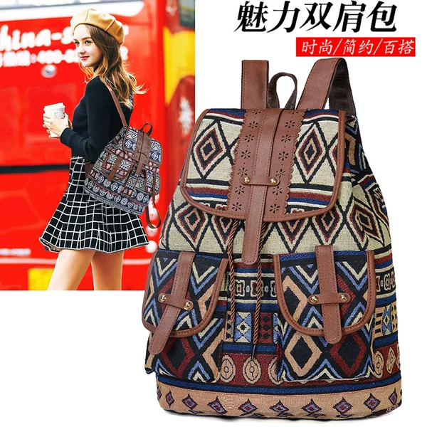 New Ethnic Style Retro Pattern Backpack Canvas Women's Bag Fashionable Personality Travel Drawstring Small Backpack Wholesale