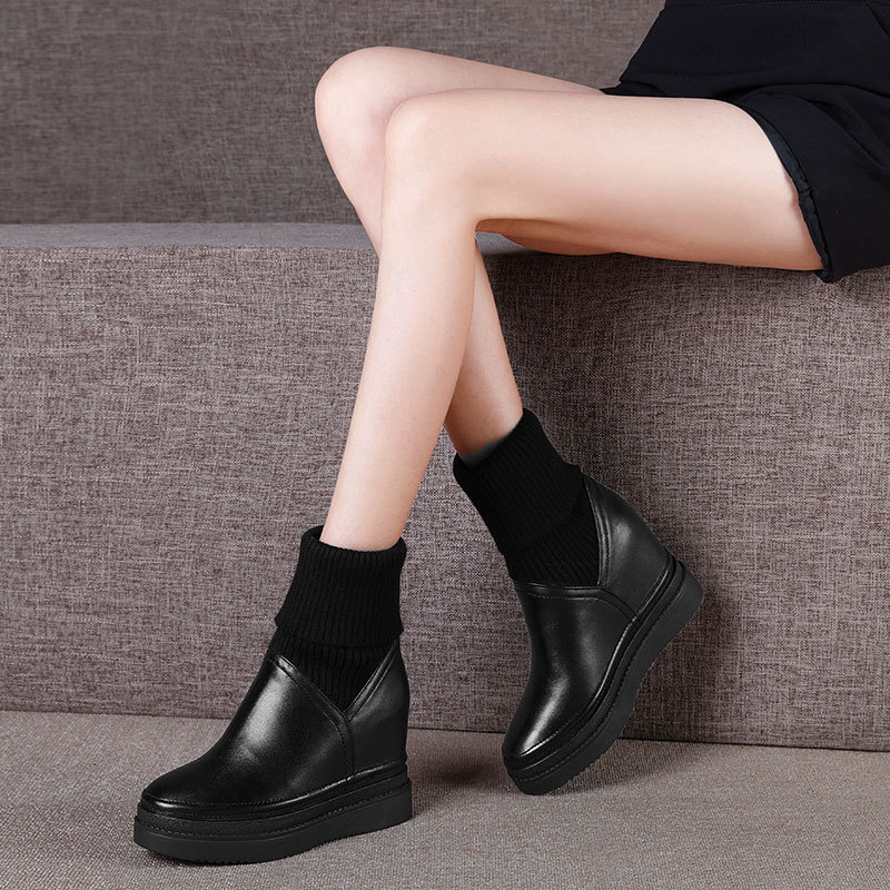 Giày boot nữ cổ thấp phong cách Hàn Quốc, tăng chiều cao, dốc gót, dễ phối đồ — Màu nâu lót nhung