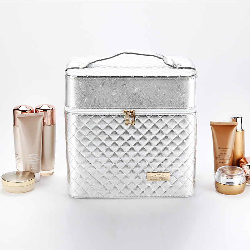 Transfronteriza nueva caja de cosméticos de tela escocesa de cuatro abiertos caja de joyería Portátil Bolsa de cosméticos caja de almacenamiento de cosméticos multifuncional grande