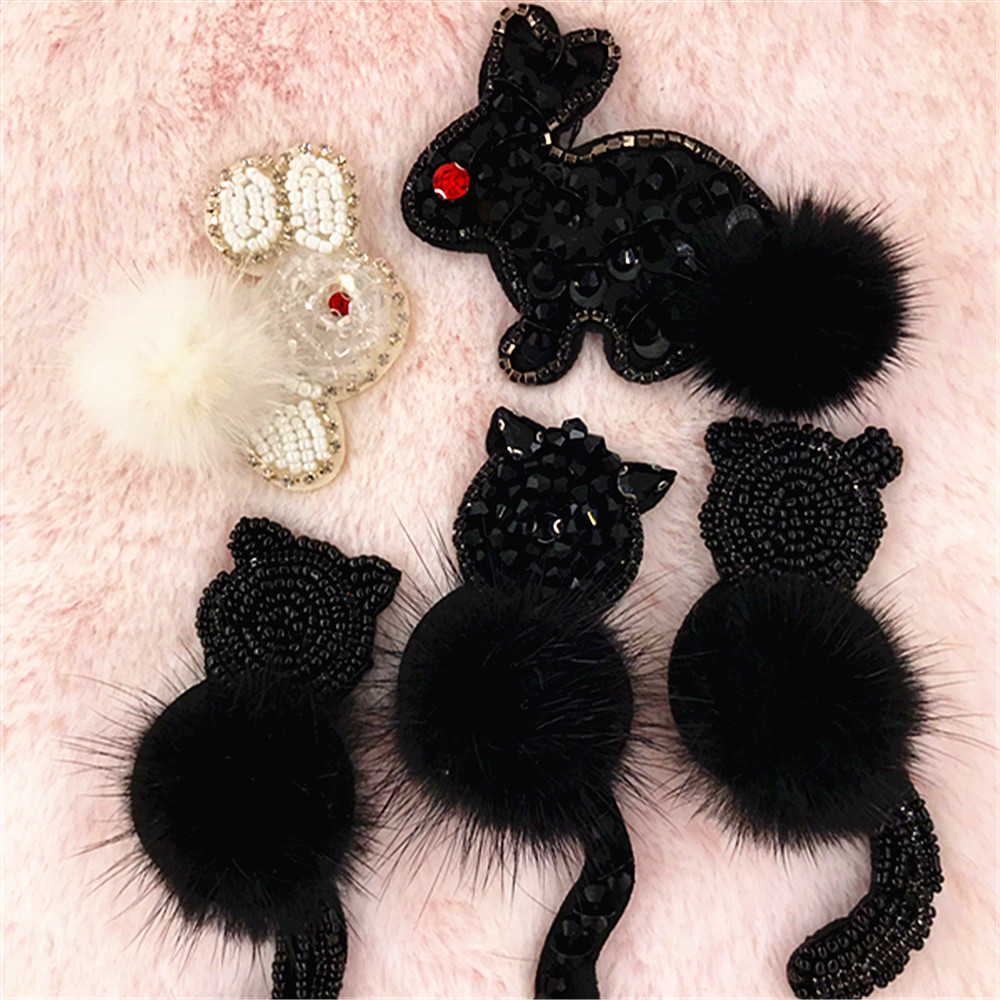 冬季新款手工订珠毛毛兔子布贴 小猫服装辅料贴 袜子鞋包diy配件