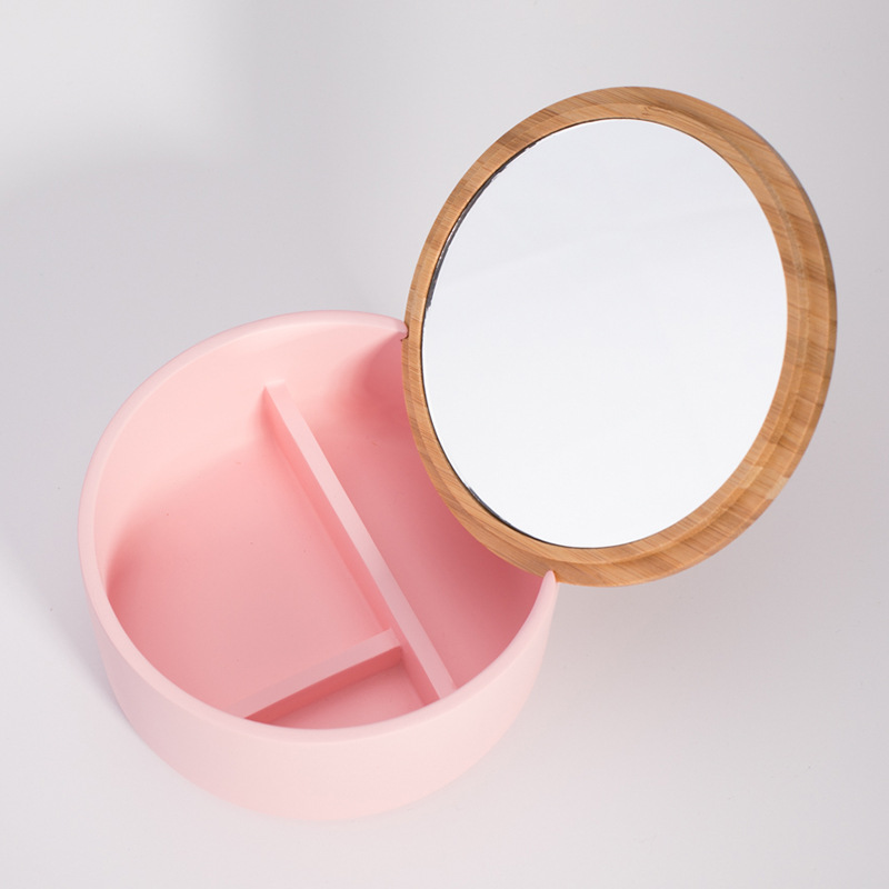Espejo cosmético redondo simple con tapa caja de almacenamiento base de resina con tapa de bambú collar cosmético caja de espejo cosmético de escritorio