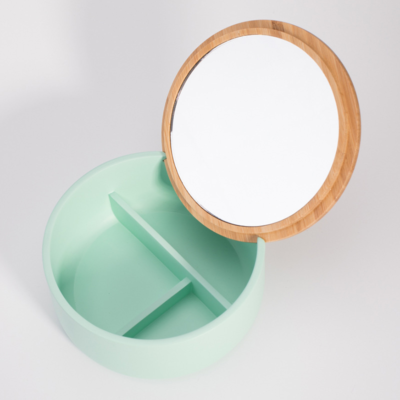 Espejo cosmético redondo simple con tapa caja de almacenamiento base de resina con tapa de bambú collar cosmético caja de espejo cosmético de escritorio