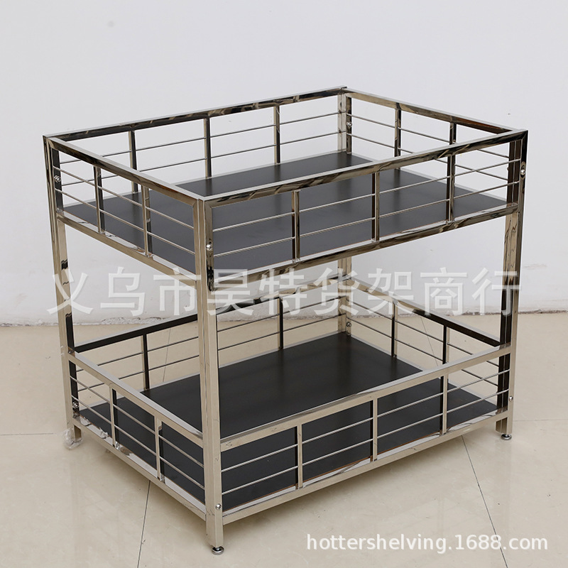 TZ-010新款服装店超市不锈钢两层展示台黑色烤漆木板促销台