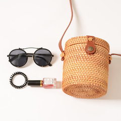 Alibaba.com Special Sale Woven Bamboo Ins Handmade Woven Bamboo Bucket Mini Bag with Leather Buckle