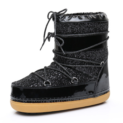 Stivali invernali europei e americani 2024 con suola spessa e paillettes in vera pelliccia, stivali corti da neve, stivali da sci alla moda da donna con cinturini_voghion.com