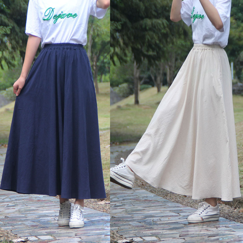 Spot Spring and Summer New Washed Cotton and Linen Skirt Solid Color Elasticated Waist Large Swing Zou Ma A- line Skirt Retro Long Skirt Spot Spring and Summer New Washed Cotton and Linen Skirt Solid Color Elasticated Waist Large Swing Zou Ma A- line Skirt Retro Long Skirt