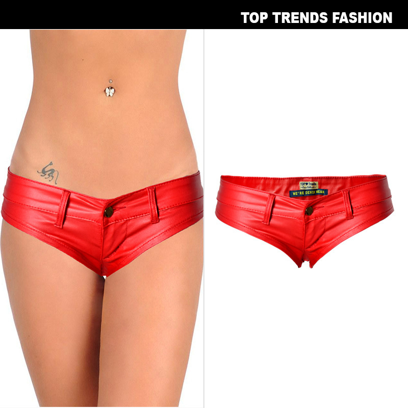 European and American nightclub style big red sexy girl low waist stretch denim Pu coated leather button zipper hot pants