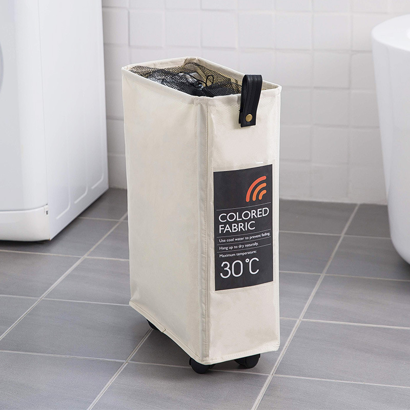 Cesta de almacenamiento de malla estrecha estilo japonés con cordón, organizador de ropa sucia, bolsa para ropa sucia con ruedas, caja de almacenamiento.