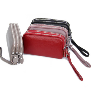 Wholesale first-layer cowhide women's clutch bag three-layer zipper large-capacity long wallet simple leather wrist bag for women