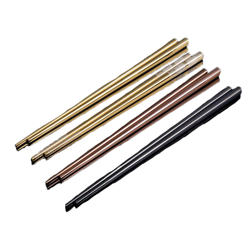 Palillos de acero inoxidable 304 para hogar, estilo coreano, cuadrados, chapados en titanio, huecos, anti-rodamiento, anti-escaldado, gravedad láser con carácter "Fu"