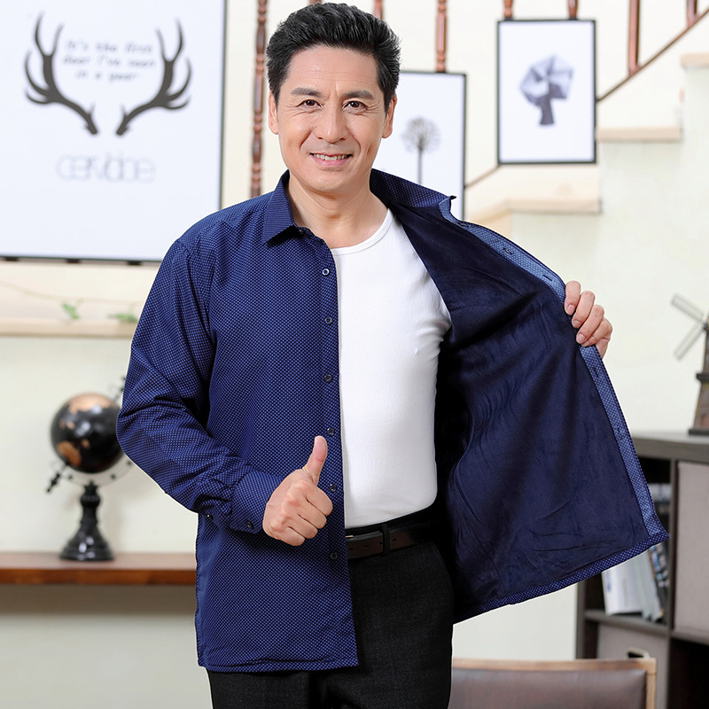 Autumn and Winter new men's thermal shirt men's middle-aged and elderly dad fleece-lined thickened shirt flat hem loose version