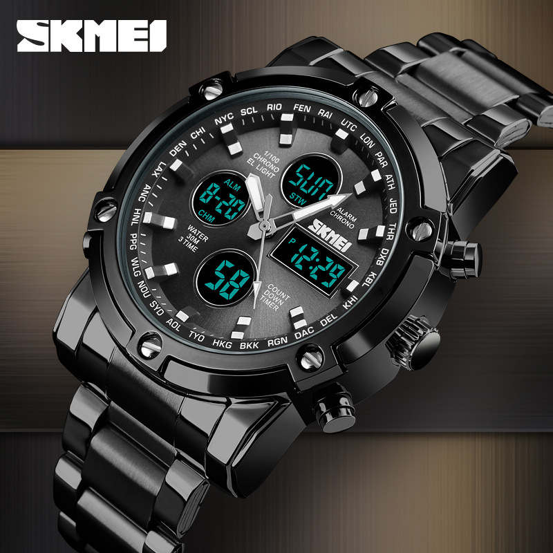 Skmei reloj electrónico multifuncional para hombre correa de acero doble movimiento reloj para hombre dial grande reloj electrónico impermeable al por mayor
