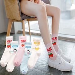 秋冬新款日系潮襪 棉中筒女襪 草莓牛奶牛香蕉襪子 棒球滑板襪