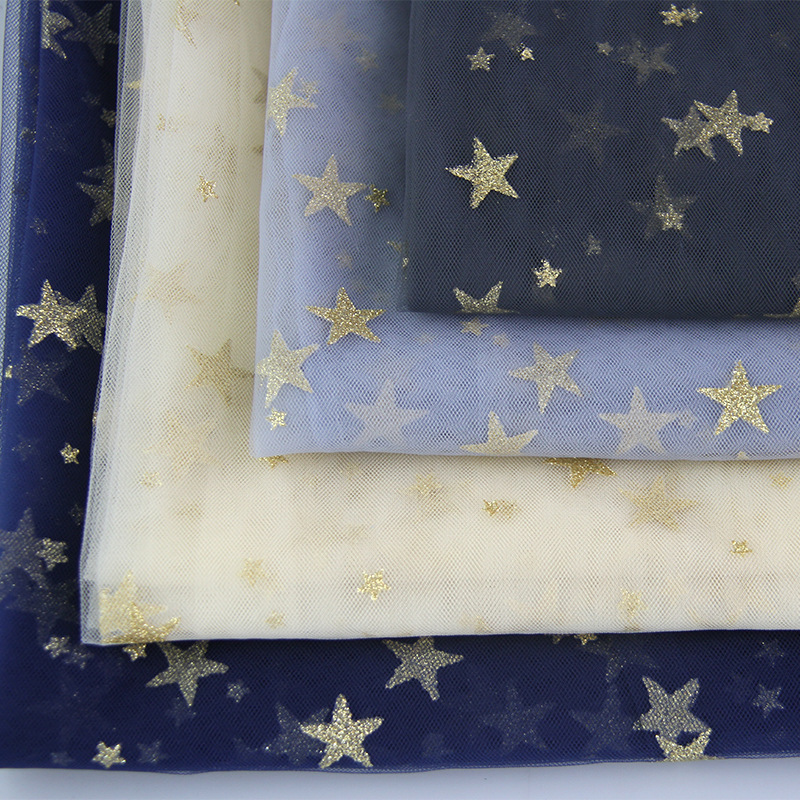 烫金金色大小五角星柔软网布童装面料 时尚新款现货网纱五角星布