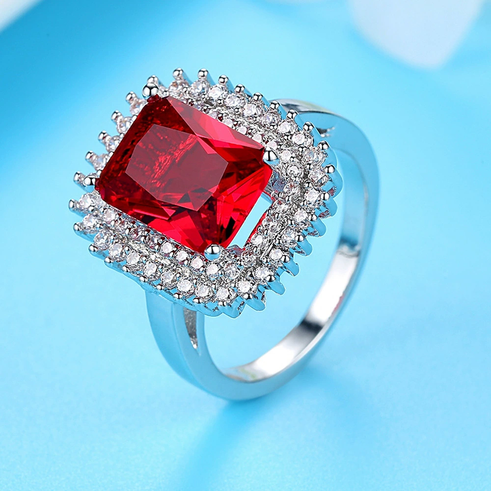 Elegant European Style Ring with Square Ruby Zirconium Stone for Brides, Wedding Accessory