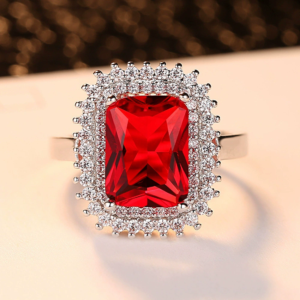 Elegant European Style Ring with Square Ruby Zirconium Stone for Brides, Wedding Accessory