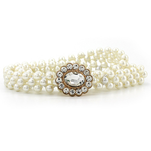 Korean style women's rhinestone pearl waist chain fashion dress decorative elastic waistband for women sweet flower elastic waistband