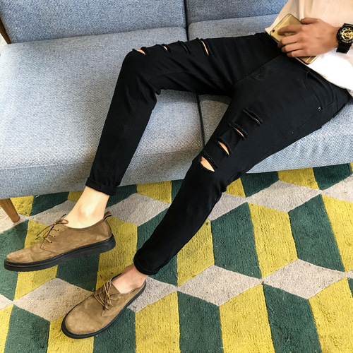 Men's slim fit black ripped jeans with small ankle for teenagers