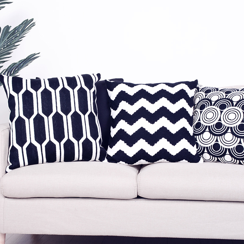 Amazon Cross-Border Simple Modern Embroidery Decorative Pillow Case Sofa Cushion Bedside Nordic Geometric Black and White Pillow