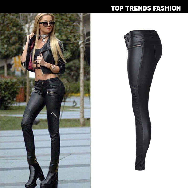 Women's Imitation Leather Denim Pants with Multiple Zippers and Motorcycle Style Large Size