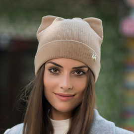 秋冬季羊毛针织帽子女士户外百搭毛线帽跨境爆款保暖猫耳朵套头帽